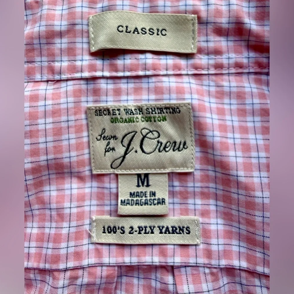 EUC⚡️J.Crew Classic Secret Wash Shirt Men’s Medium Pink Gingham Organic Cotton